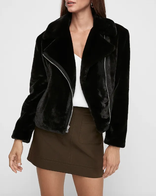 Asymmetrical Zip Faux Fur Moto Jacket (Black)
