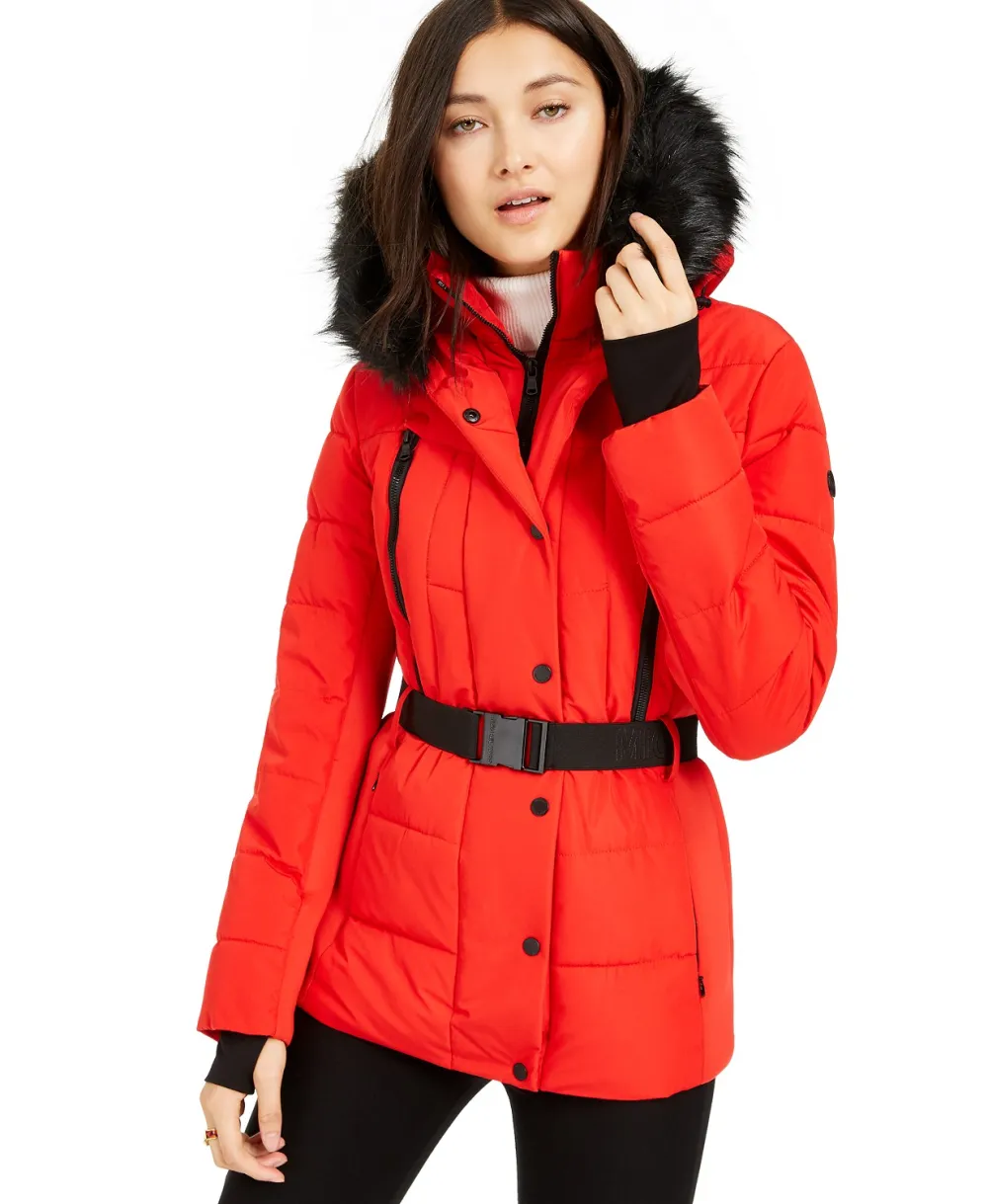 MICHAEL Michael Kors Active Belted Faux-Fur-Trim Puffer Coat (Red)