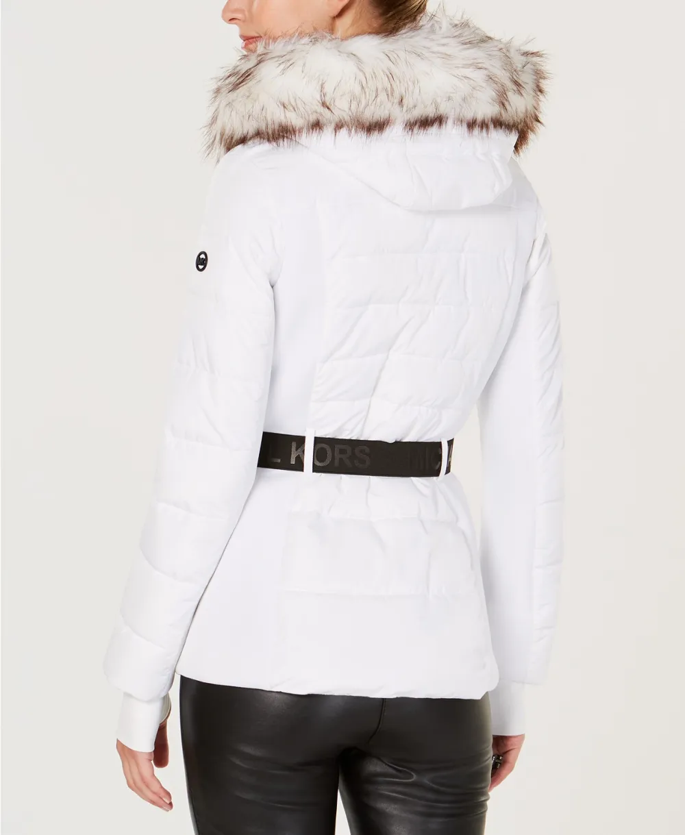 MICHAEL Michael Kors Active Belted Faux-Fur-Trim Puffer Coat (White)