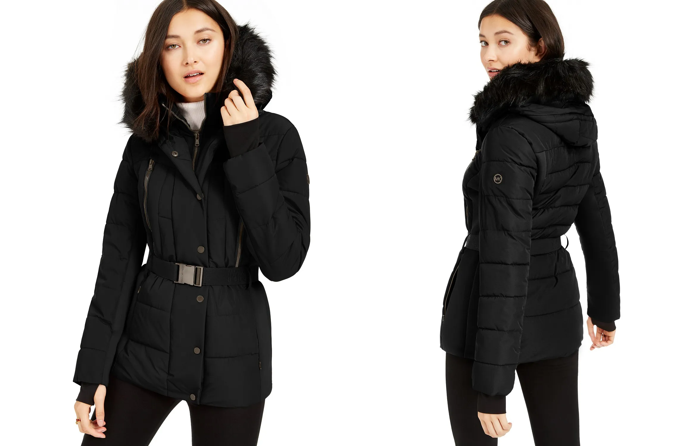 MICHAEL Michael Kors Active Belted Faux-Fur-Trim Puffer Coat