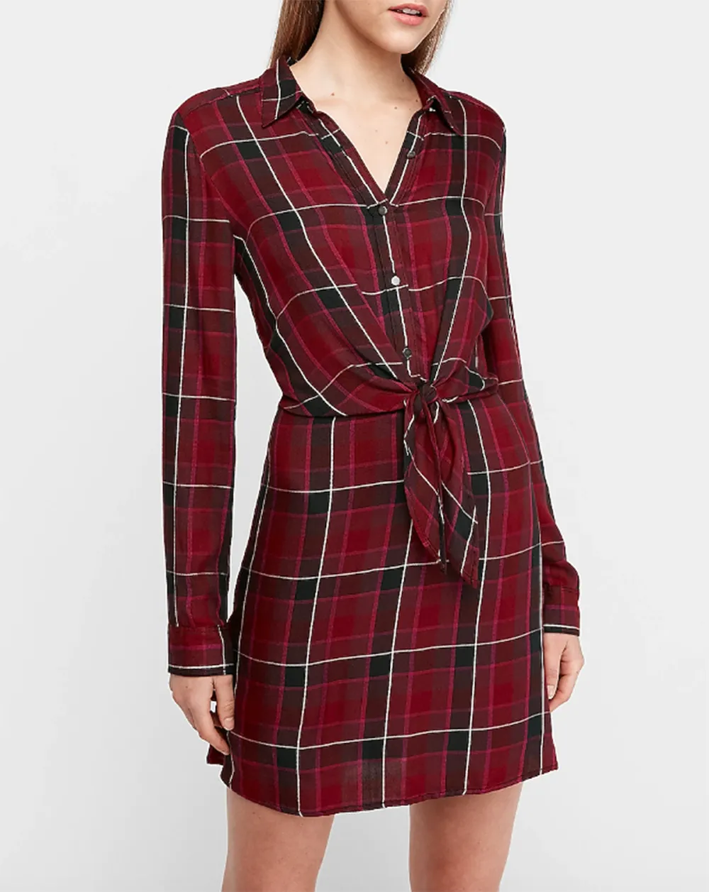 Purple Plaid Tie Front Utility Shirt Dress