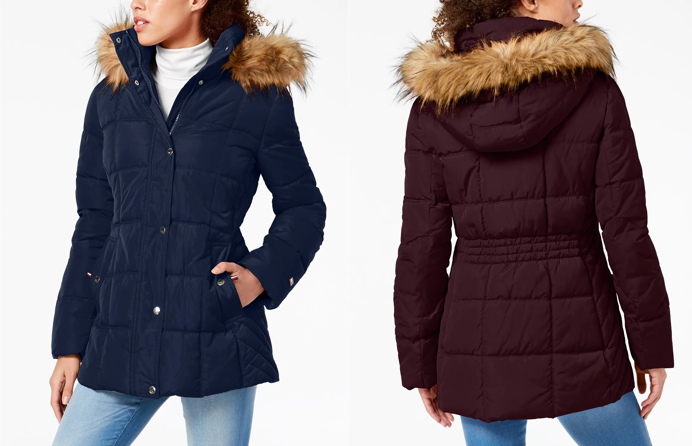 Tommy Hilfiger Hooded Faux-Fur-Trim Puffer Coat, Created For Macy's (Navy/Aubergine)