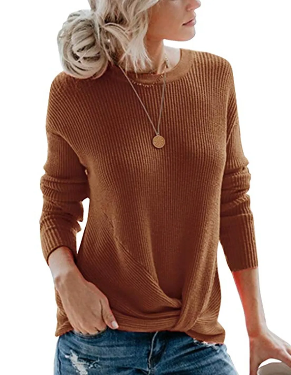 Yidarton Women's Front Twist Knot Knit Crewneck brown