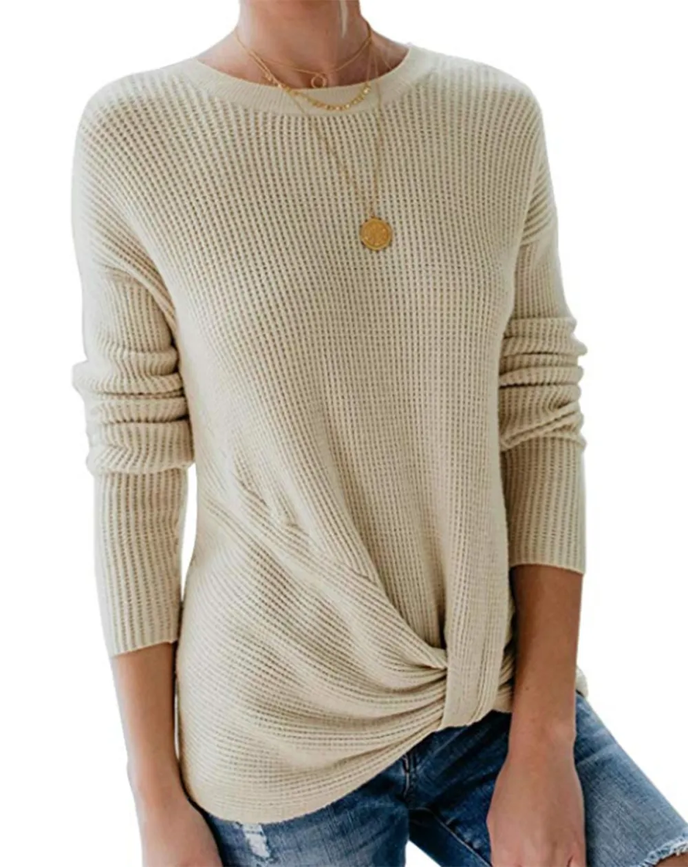 Yidarton Women's Front Twist Knot Knit Crewneck white