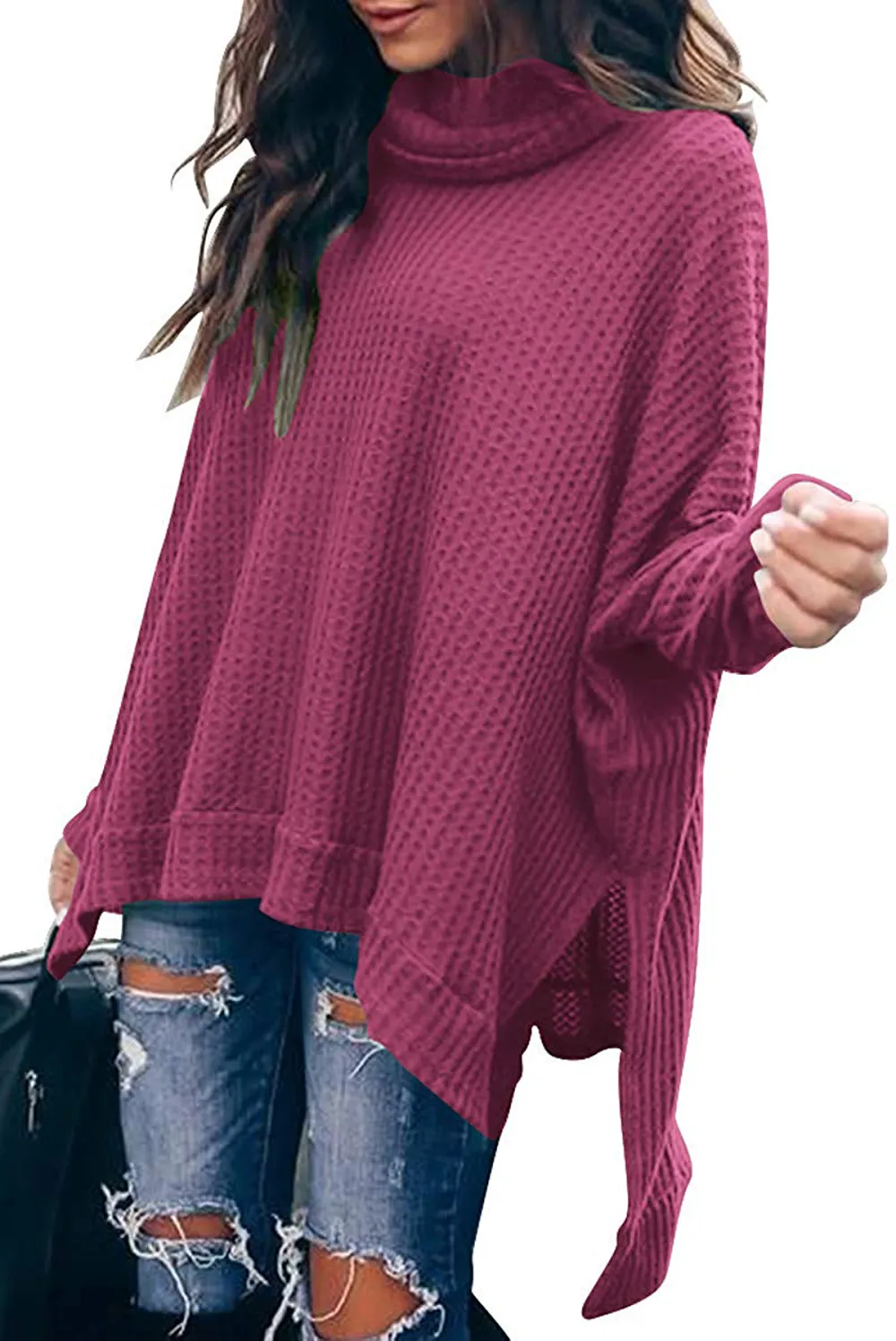 Caracilia Turtle Cowl NeckWaffle Knit Pullover Sweater