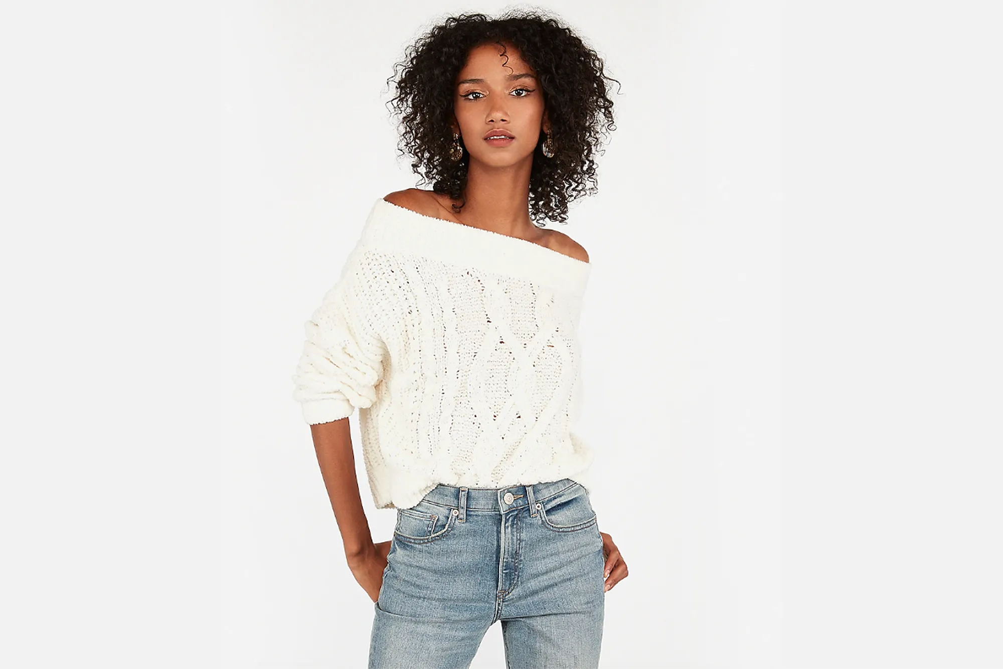 Cozy Chenille Off The Shoulder Cable Knit Sweater