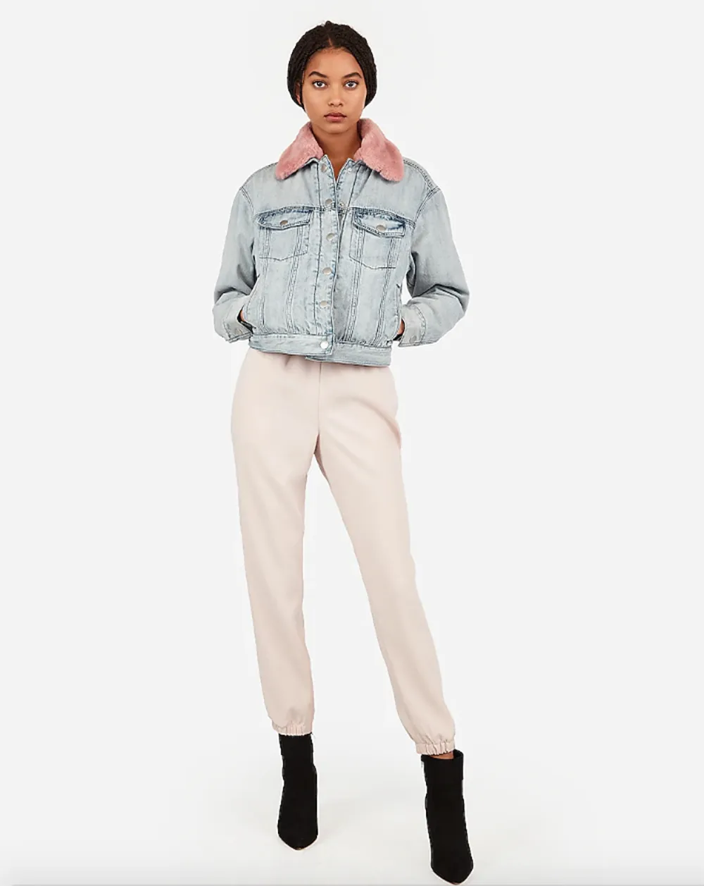 Faux Fur Collar Sherpa-Lined Denim Jacket