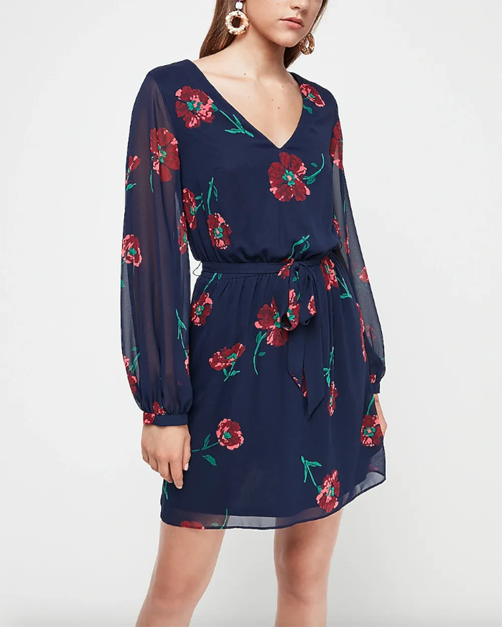 Floral Print Chiffon Sleeve Sash Tie Fit And Flare Dress