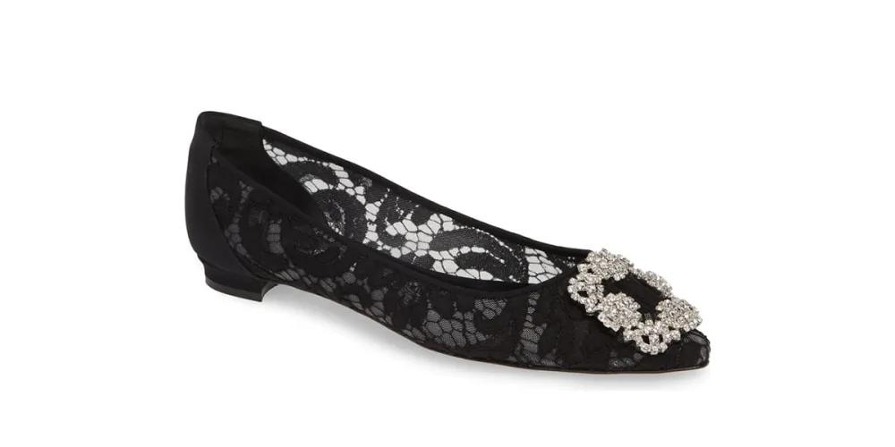 Manolo Blahnik Hangisilala' Jeweled Pointy Toe Lace Flat