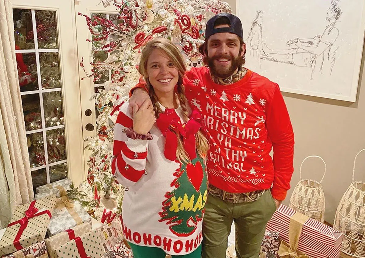 Celebs Wearing Ugly Christmas Sweaters - Lauren Akins and Thomas Rhett