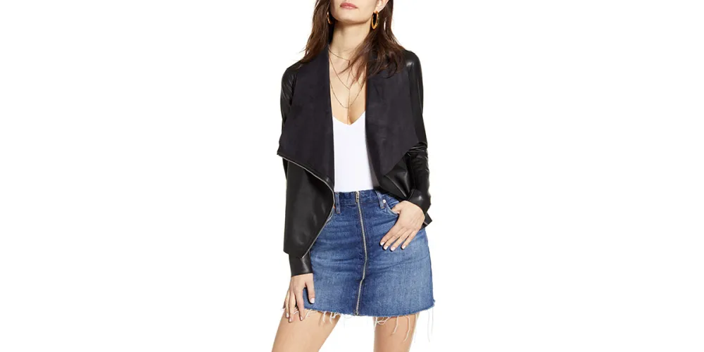 BLANKNYC Onto the Next Faux Leather Drape Front Jacket