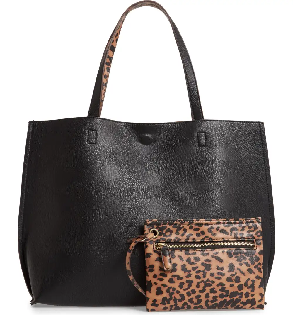 Street Level Reversible Faux Leather Tote & Wristlet (Black/Brown Leopard)