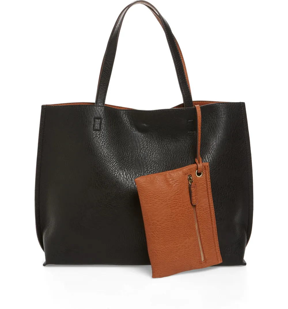 Street Level Reversible Faux Leather Tote & Wristlet (Black/Cognac)