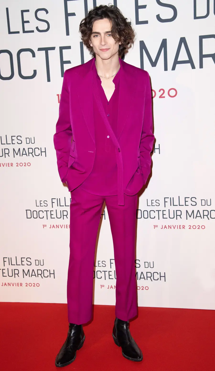 Timothee Chalamet Magenta Outfit December 12, 2019