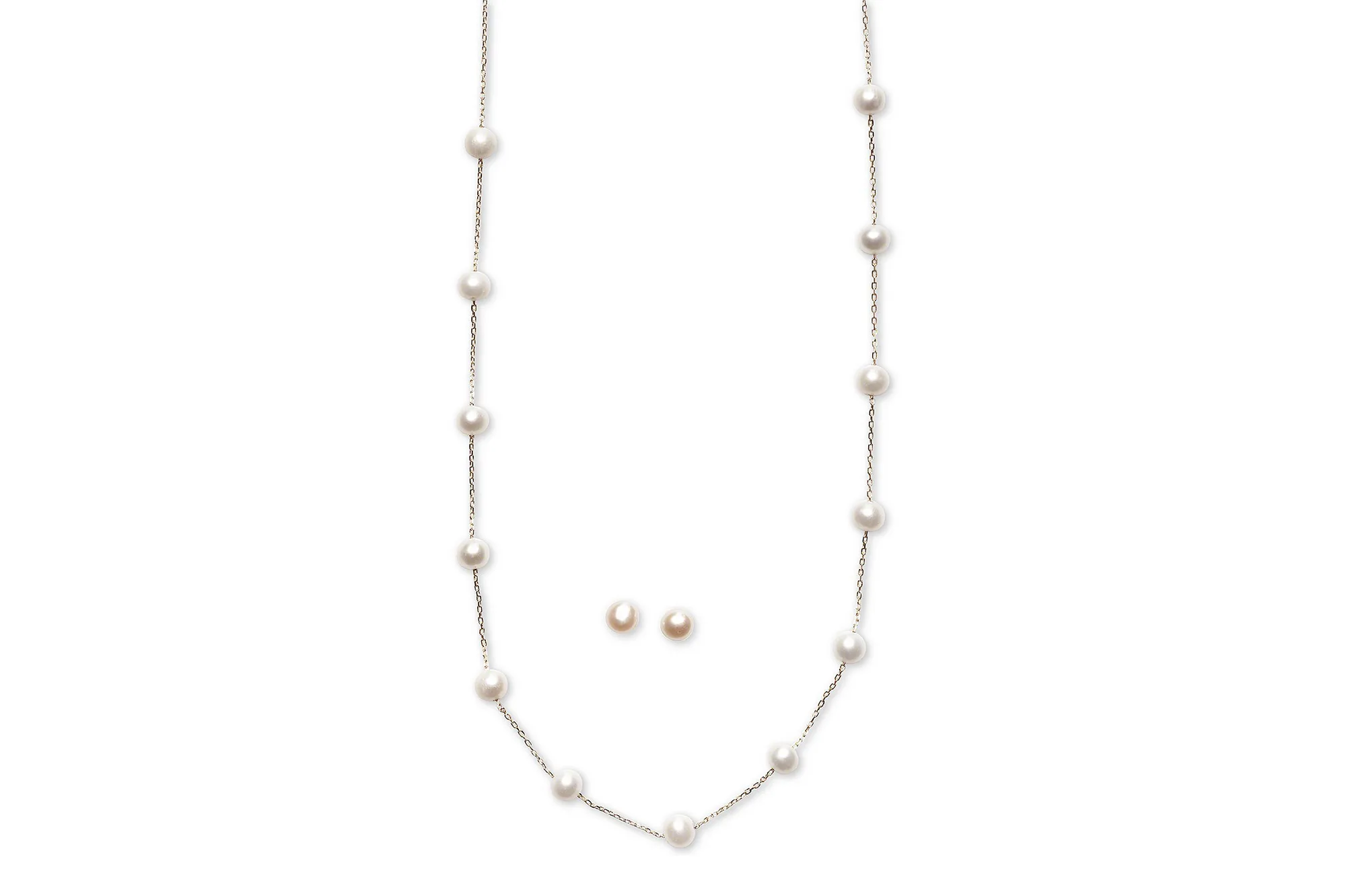 Cultured Freshwater Pearl Station Necklace and Stud Earrings Set