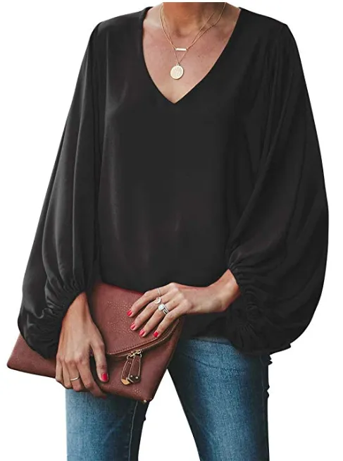 BELONGSCI Women's Balloon Sleeve V-Neck Blouse (Black)
