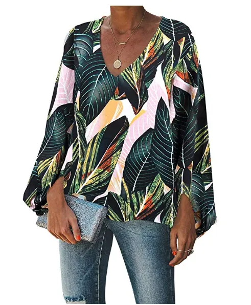 BELONGSCI Women's Balloon Sleeve V-Neck Blouse (Green Leaf)