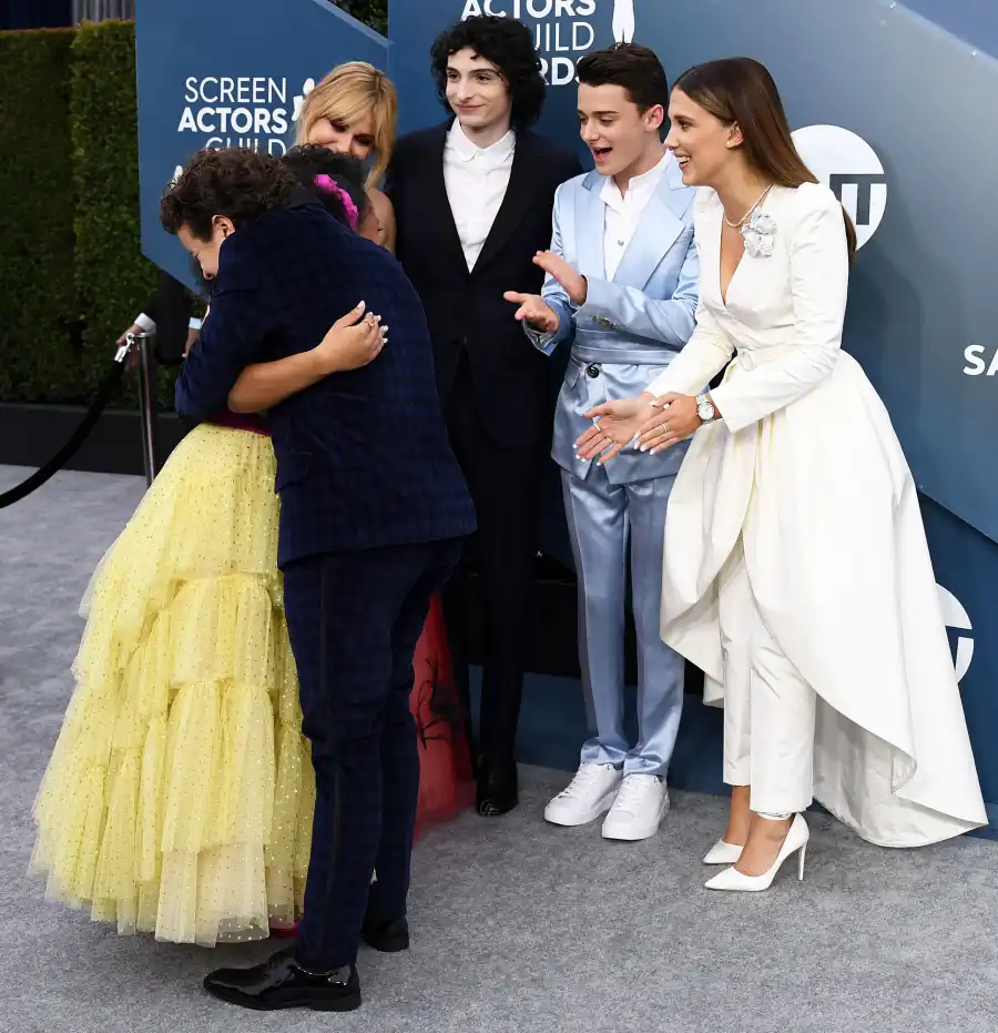 Cara Buono Finn Wolfhard Noah Schnapp Millie Bobby Brown Priah Ferguson and Gaten Matarazzo Inside the SAG Awards 2020