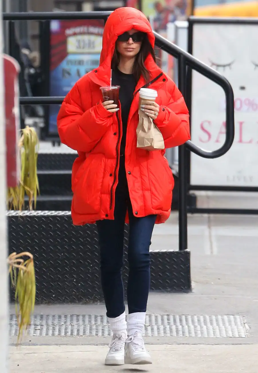 Emily Ratajkowski Red Puffer Coat January 23, 2020
