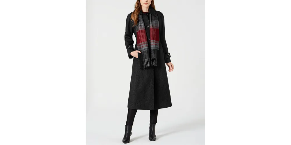 London Fog Maxi Coat & Plaid Scarf