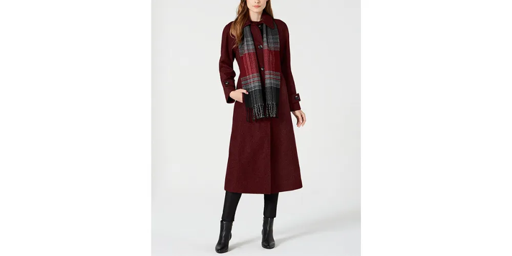 London Fog Maxi Coat & Plaid Scarf