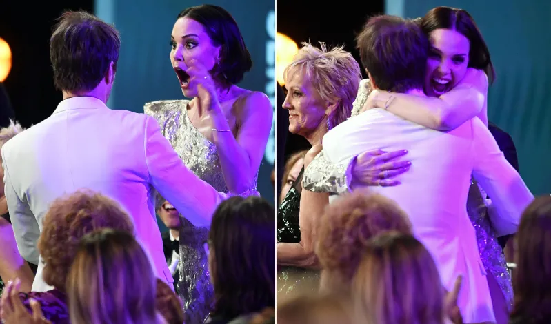Leslie Bibb Hugging Sam Rockwell as he wins Inside the SAG Awards 2020