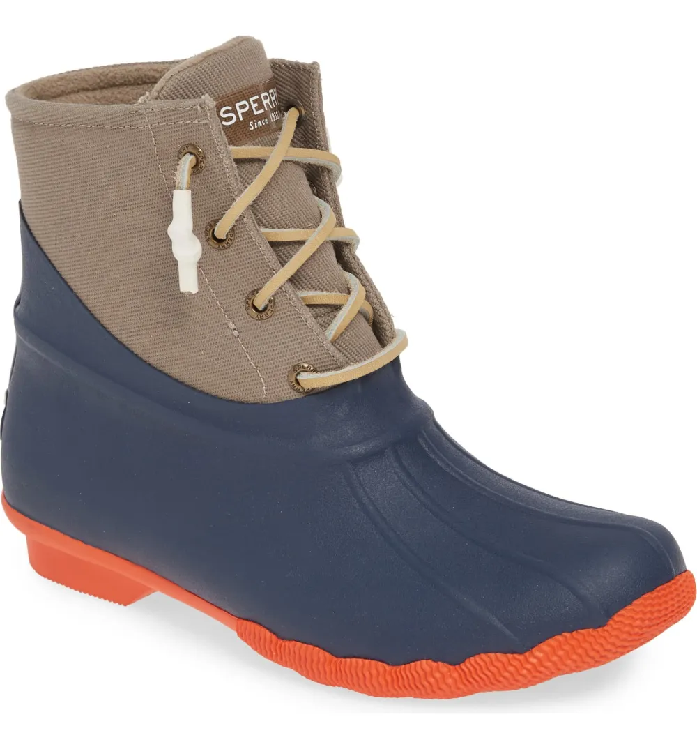 Sperry Saltwater Waterproof Rain Boot (Tan: Navy)