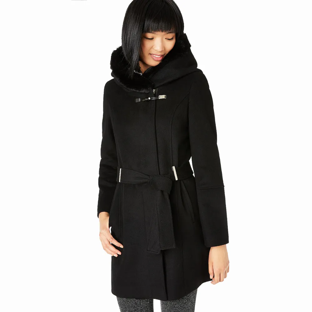 Calvin Klein Belted Asymmetrical Coat With Faux-Fur Hood