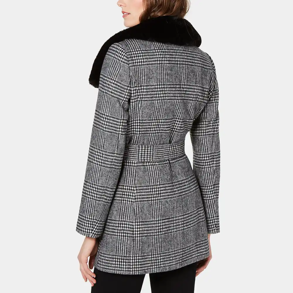 INC Faux-Fur-Collar Belted Plaid Coat