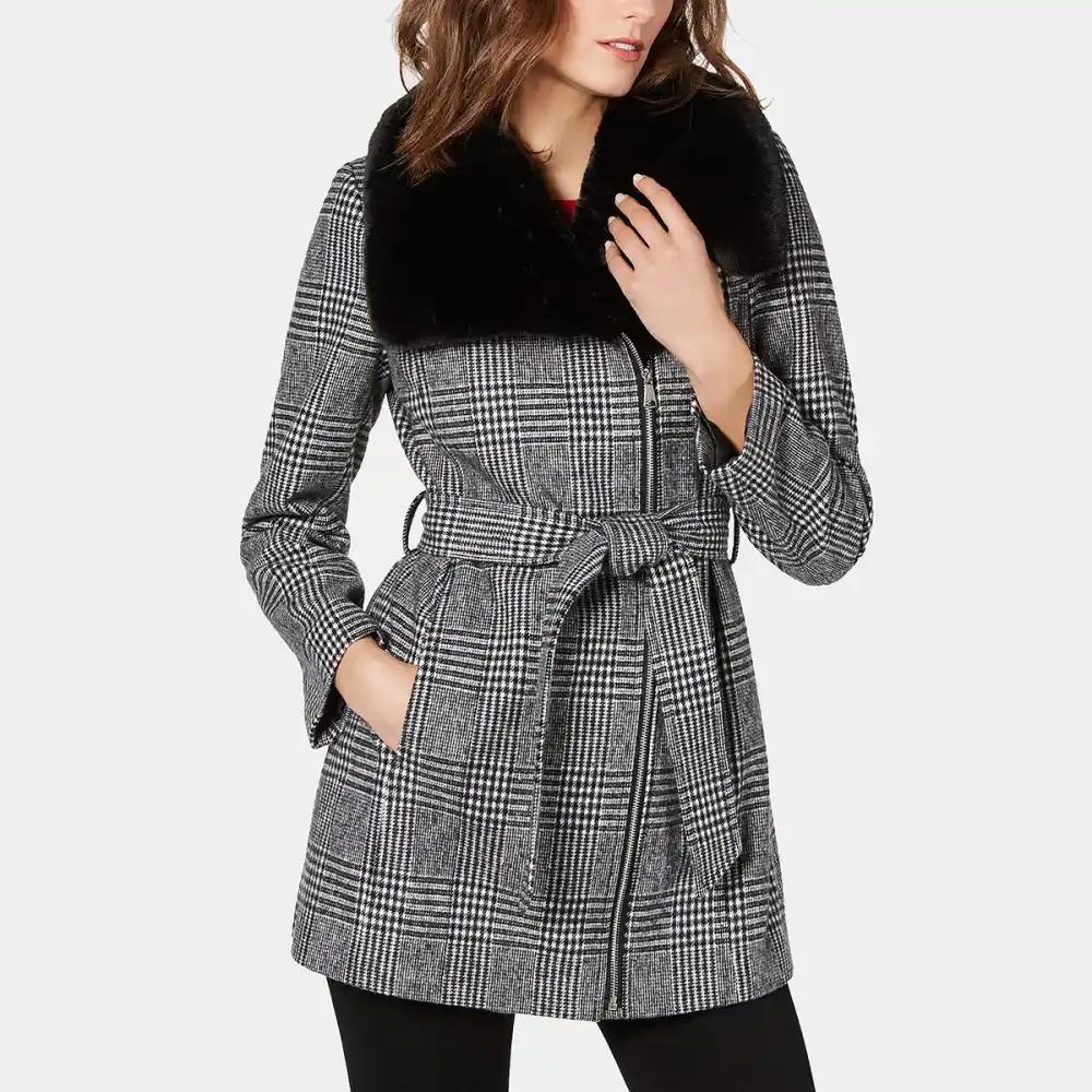 INC Faux-Fur-Collar Belted Plaid Coat