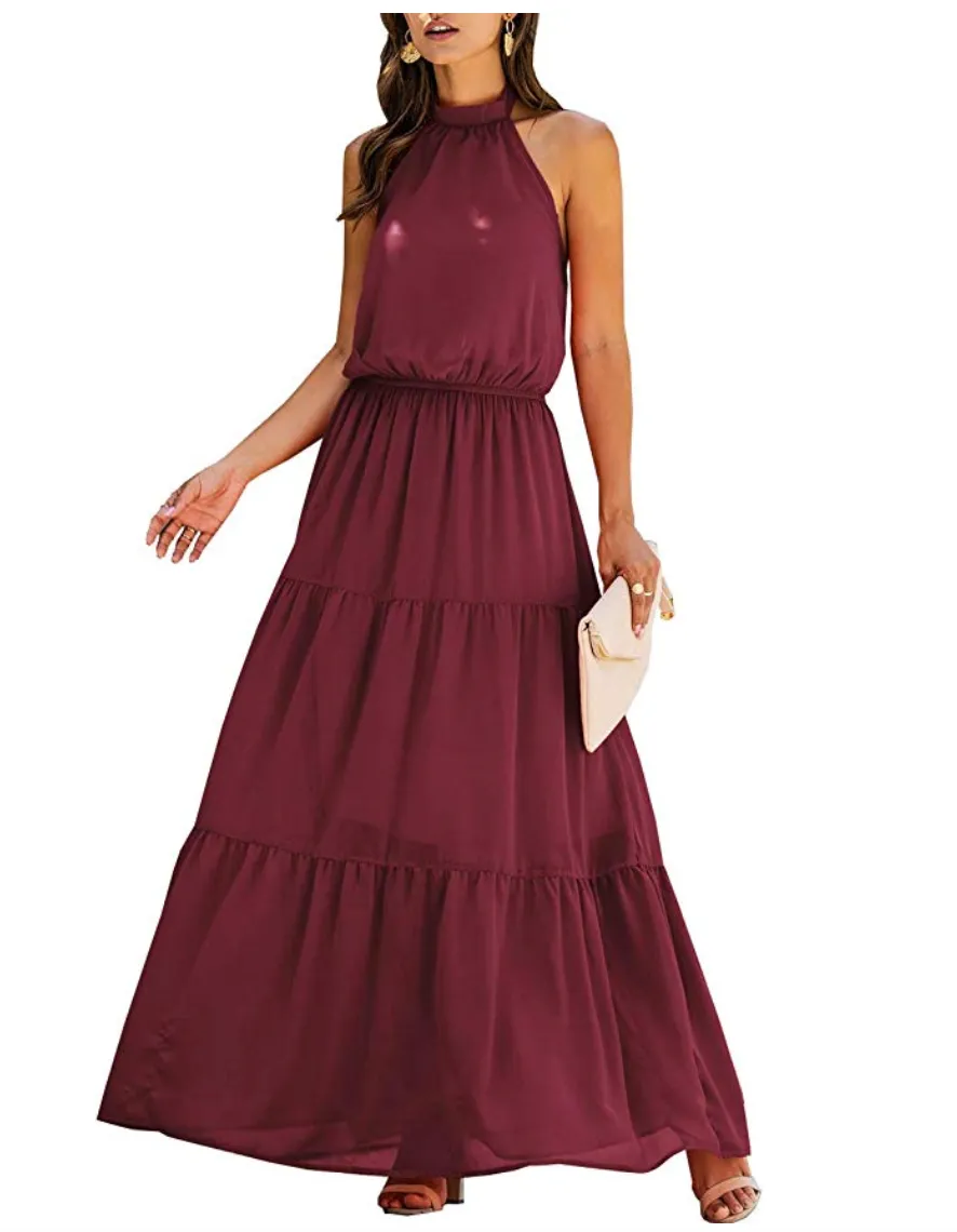 PRETTYGARDEN Women&rsquo;s Casual Halter Neck Sleeveless Maxi Dress (Wine Red)