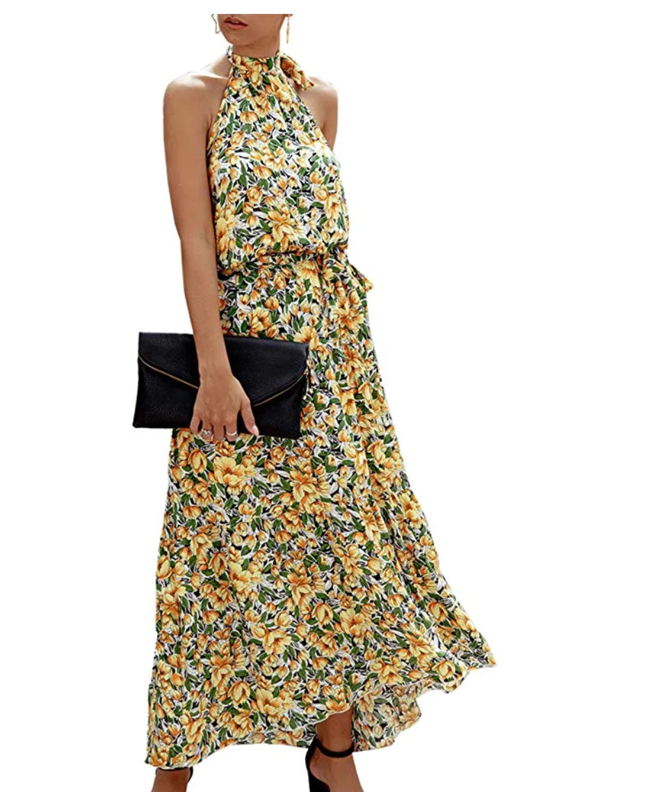 PRETTYGARDEN Women&rsquo;s Casual Halter Neck Sleeveless Maxi Dress (Yellow)