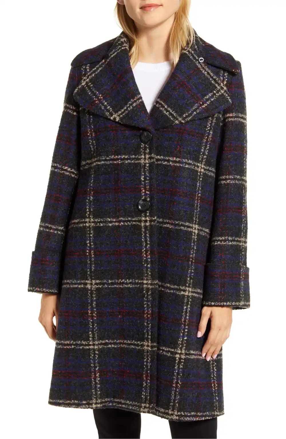 Sam Edelman Plaid Bouclé Wool Blend Coat with Faux Fur Trim