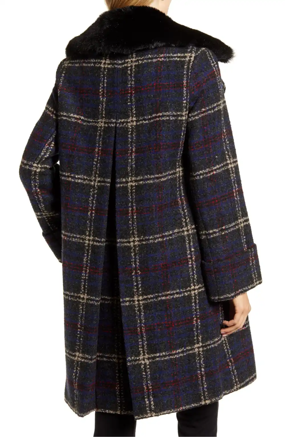 Sam Edelman Plaid Bouclé Wool Blend Coat with Faux Fur Trim