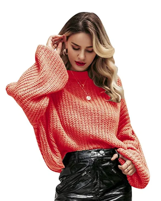 Simplee Women's Casual Long Sleeve Pullover Knit Sweater (Orange)