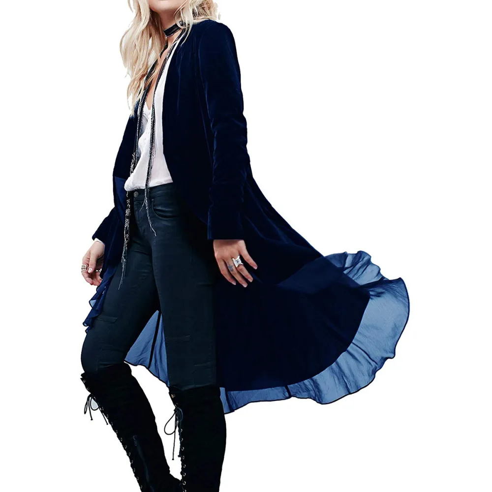 R.Vivimos Ruffled Asymmetric Long Velvet Blazer
