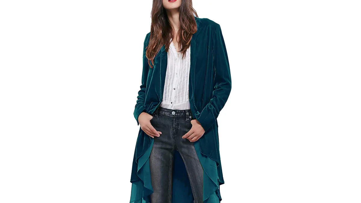 R.Vivimos Ruffled Asymmetric Long Velvet Blazer