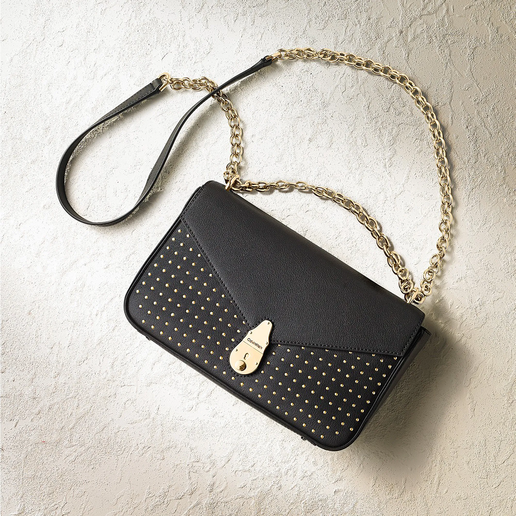 Calvin Klein Lock Leather Studded Shoulder Bag