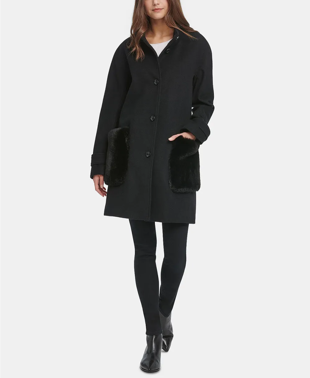 DKNY Faux-Fur-Pocket Walker Coat