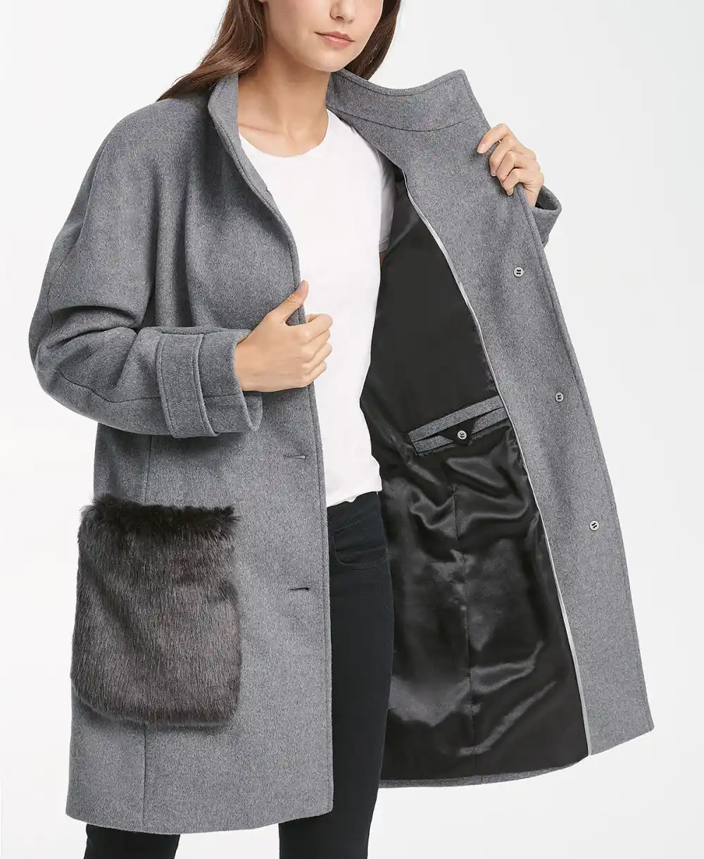 DKNY Faux-Fur-Pocket Walker Coat