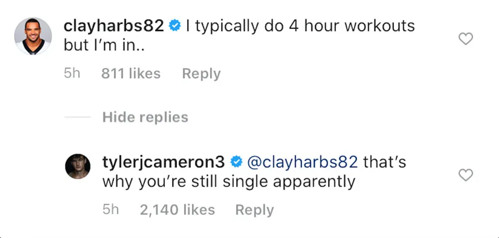 Bachelor Nation Tyler Cameron and Clay Harbor Playfully Shade Each Other About Their Workout Routines Instagram Comments