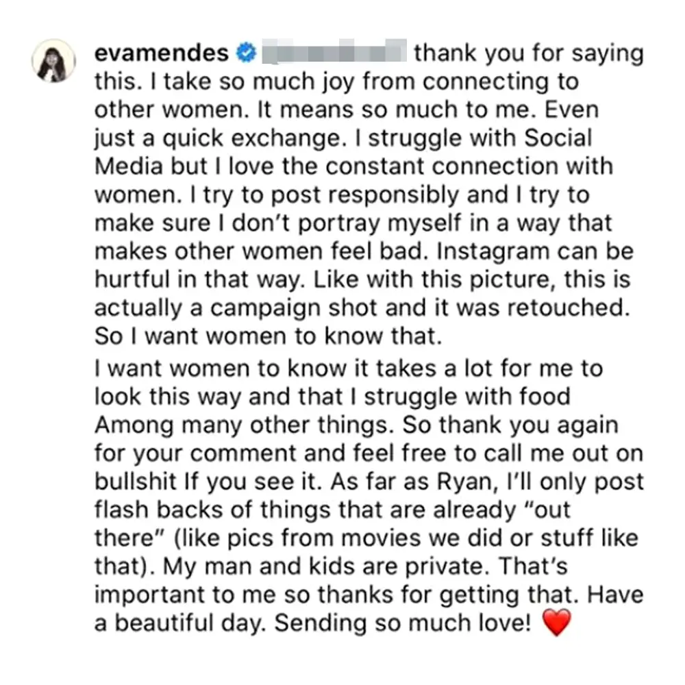 Eva Mendes Shares Struggle With Food Candid Instagram Comment