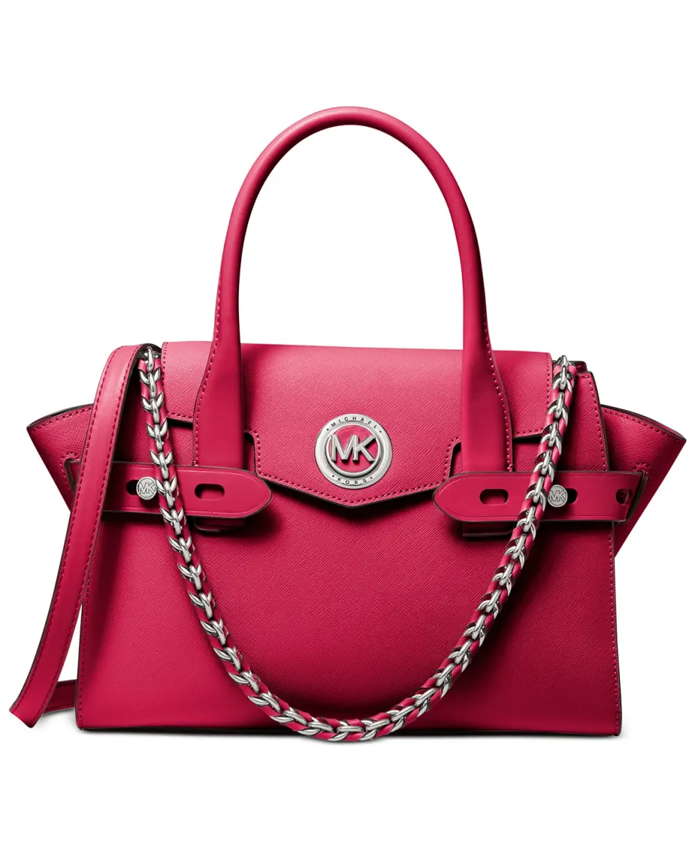 MICHAEL Michael Kors Carmen Small Flap Belted Leather Satchel (Dark Raspberry/Silver)