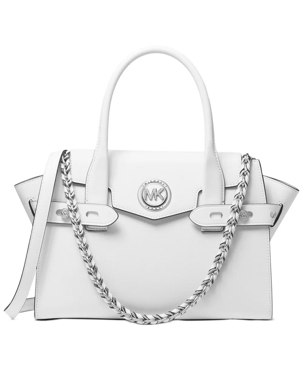 MICHAEL Michael Kors Carmen Small Flap Belted Leather Satchel (Optic White/Silver)