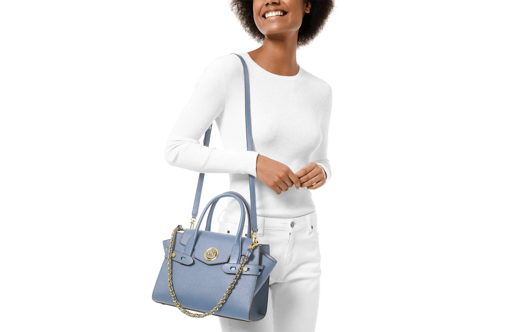 MICHAEL Michael Kors Carmen Small Flap Belted Leather Satchel (Pale Blue/Gold)