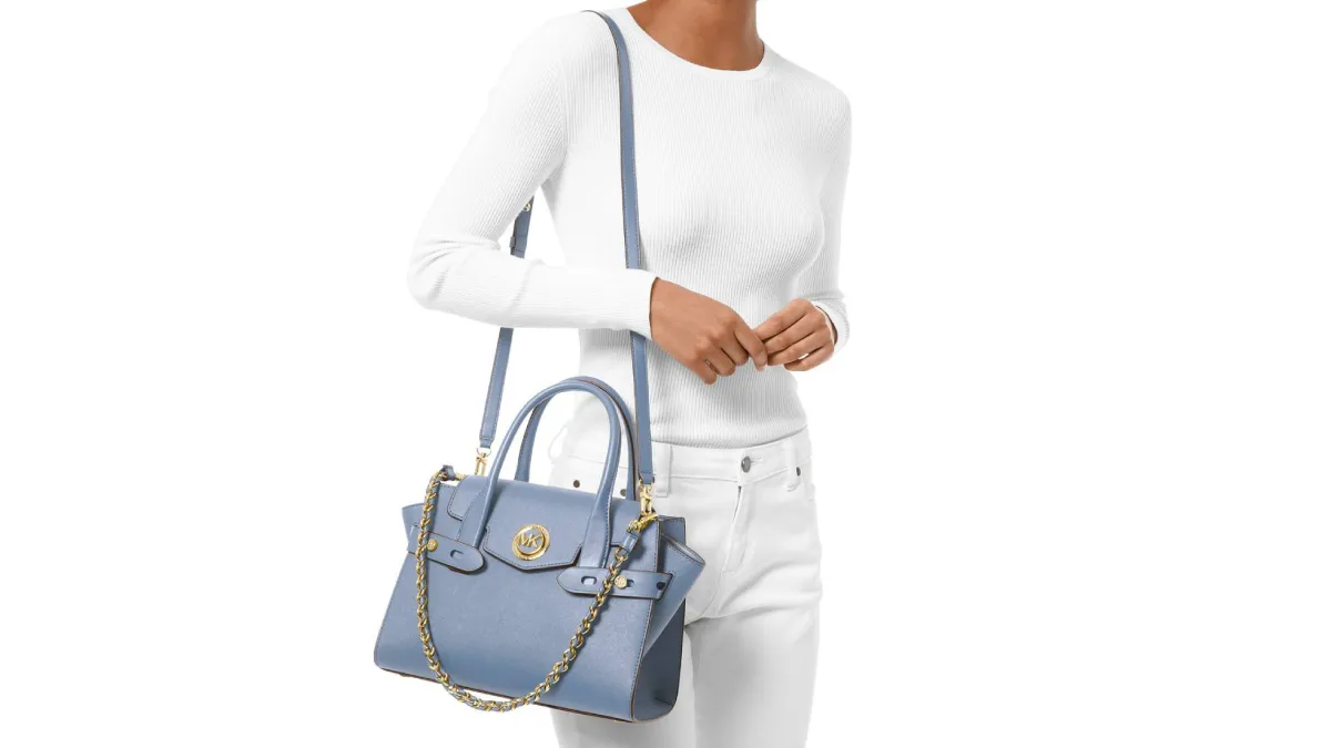 MICHAEL Michael Kors Carmen Small Flap Belted Leather Satchel (Pale Blue/Gold)