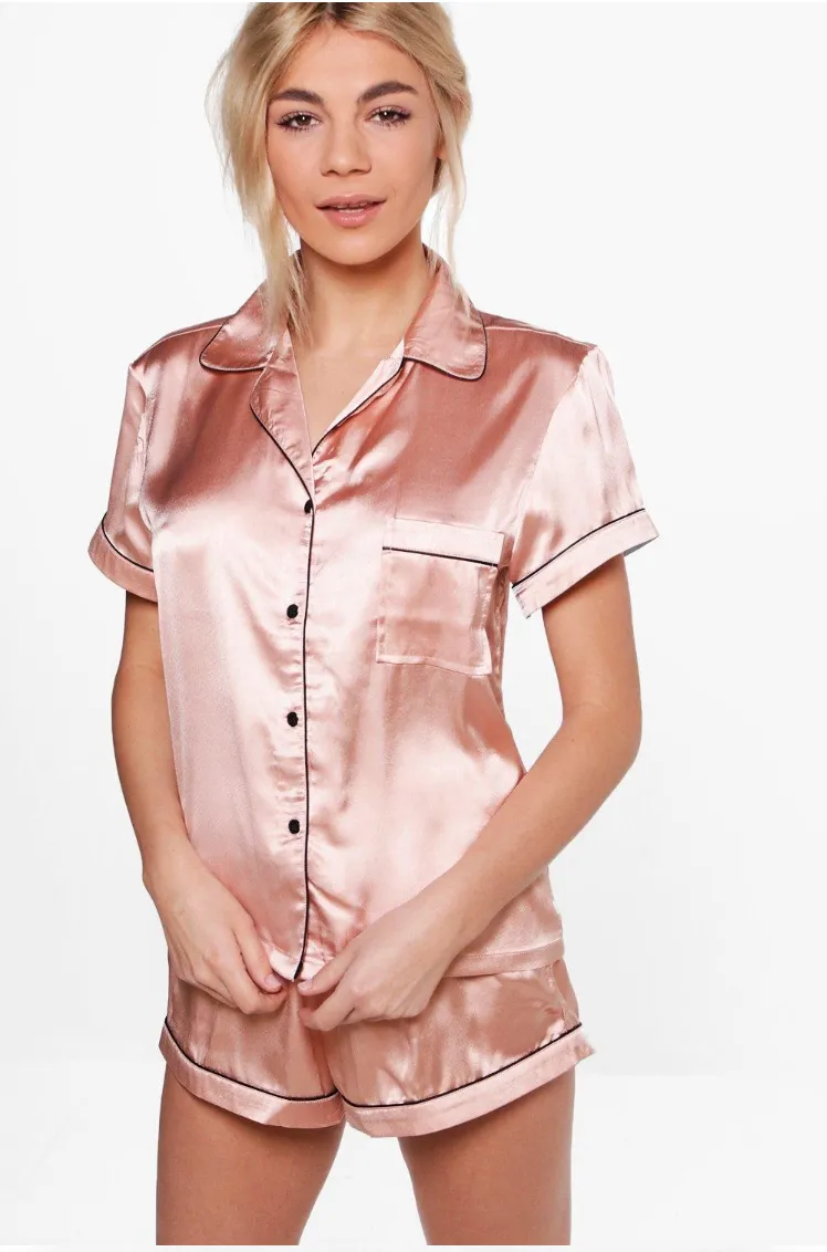 Satin PJ Short Set With Contrast Piping