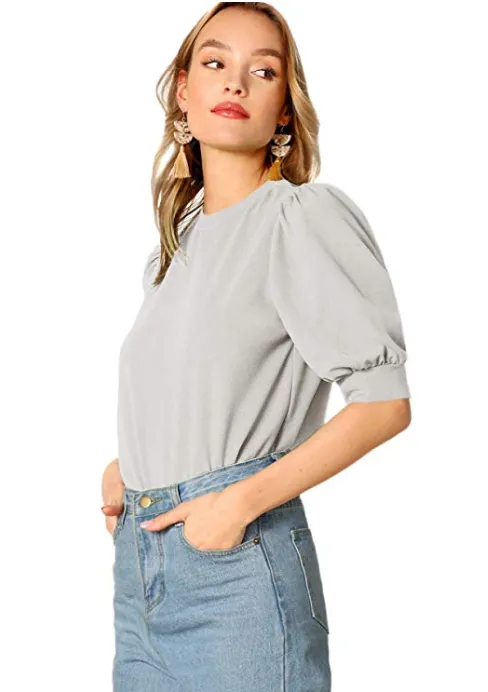 Shein Women's Puff Sleeve Casual Top (Light Gray)
