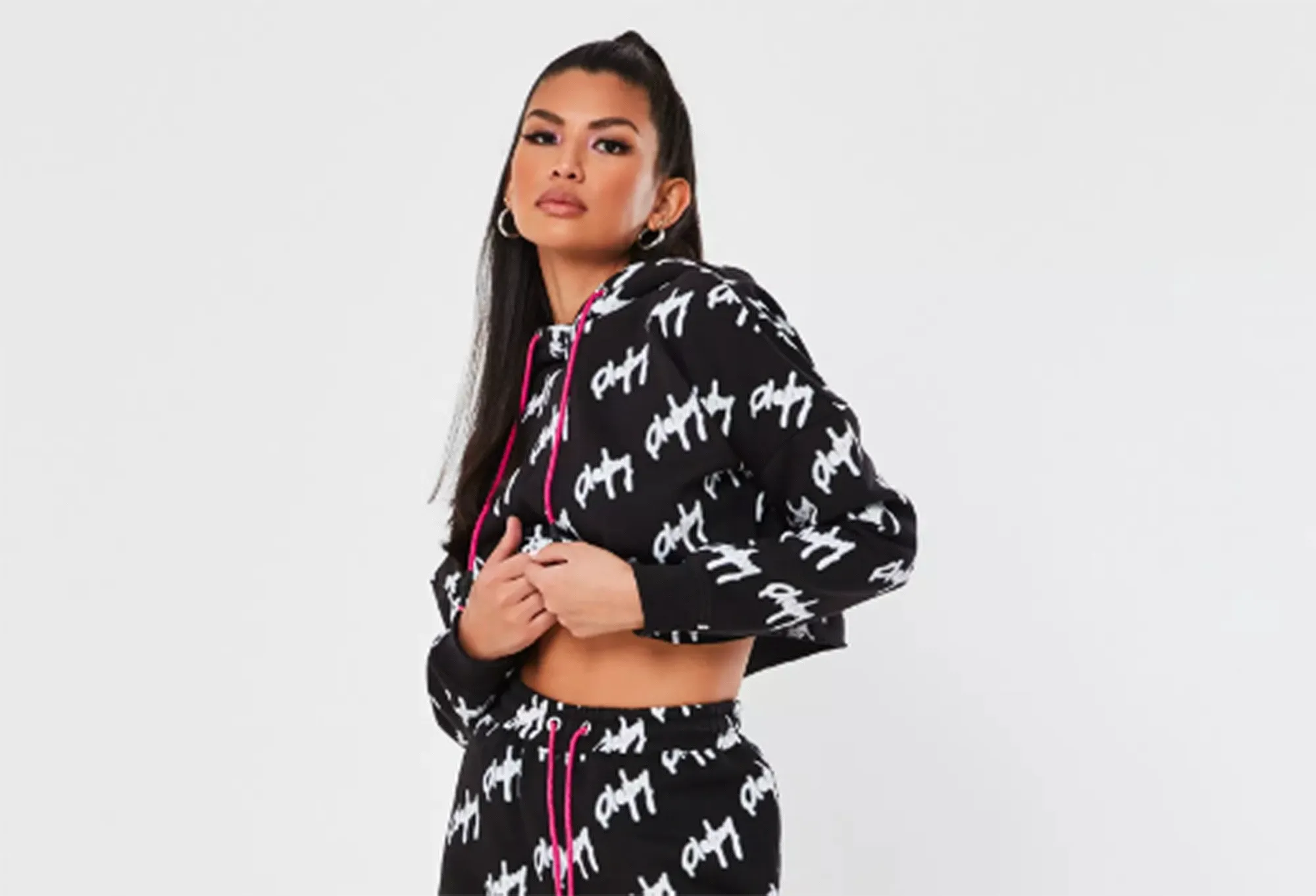 playboy x missguided black repeat print neon drawstring oversized joggers