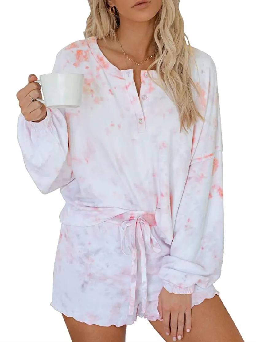 Asvivid Womens Tie Dye Printed Ruffle Short Pajamas Set (C Pink)